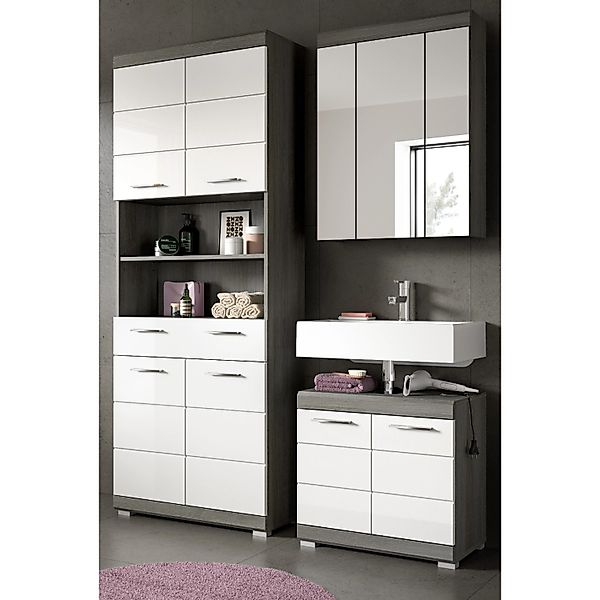 Inn.Furn Badmöbel Set in Weiß Hochglanz und Grau 3-teilig 149 cm Shawn günstig online kaufen
