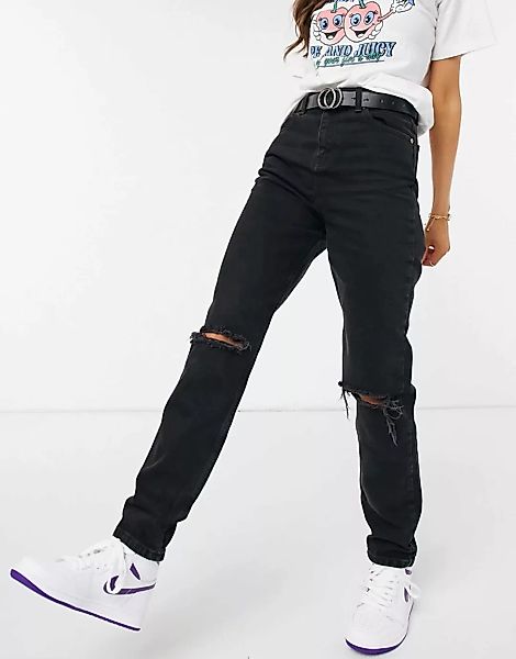 ASOS DESIGN – Original – Hoch geschnittene Mom-Jeans mit Rissen in Schwarz günstig online kaufen