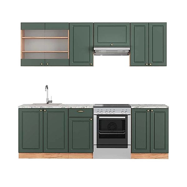 Vicco Fame-Line Küchenschränke Grün-Gold Landhaus/Goldkraft Eiche 240 cm AP günstig online kaufen