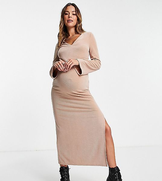 Topshop Maternity – Midikleid aus Jersey in Kamel mit V-Ausschnitt-Neutral günstig online kaufen