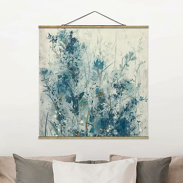 Stoffbild Blumen mit Posterleisten - Quadrat Blaue Frühlingswiese I günstig online kaufen