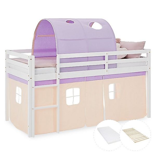 Homestyle4u Hochbett 90x200 Kinderbett Weiß Vorhang Beige Lila für 1 Kind K günstig online kaufen