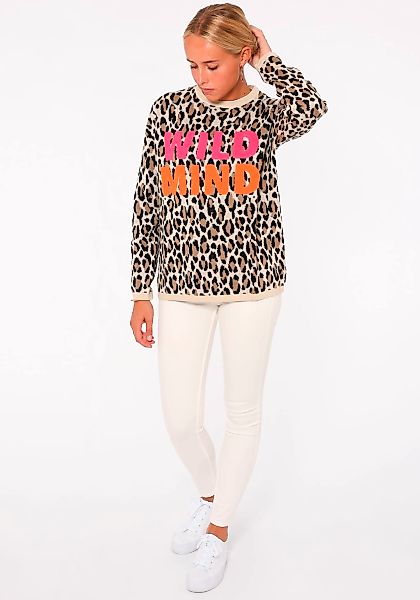 Zwillingsherz Rundhalspullover "Leo-Wild Mind" mit Flockprint-Schriftzug günstig online kaufen