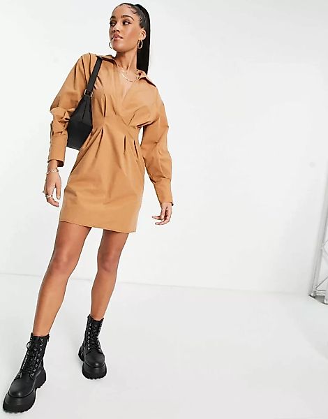 ASOS DESIGN – Mini-Hemdkleid mit geraffter Taille in Braun günstig online kaufen