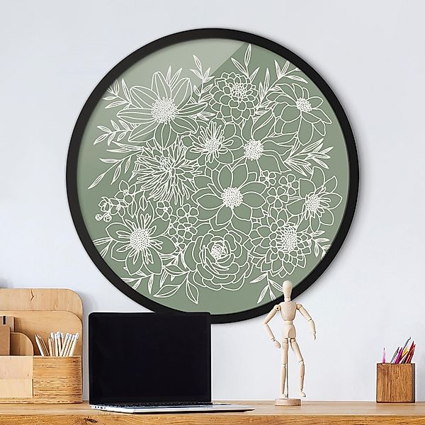 Rundes Bild mit Rahmen Lineart Blumen in Grün günstig online kaufen