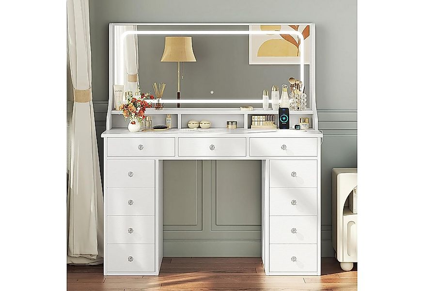 Dripex Schminktisch Schminktisch mit Spiegel, LED und Schubladen, weiß/brau günstig online kaufen
