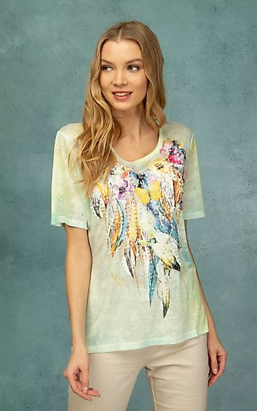 Passioni Print-Shirt Sommer-T-Shirt mit Blumen- und Federmuster am Hals und günstig online kaufen