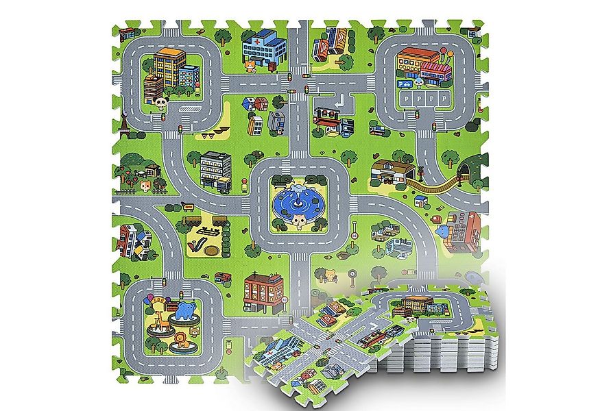 Juskys Puzzlematte Jascha, Straßenteppich, Stadt mit Straßen, Tieren und vi günstig online kaufen