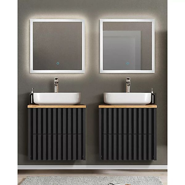 Badmöbel Set mit 2 Waschplätzen NANTES-107 in schwarz mit Lamellenfront, Ei günstig online kaufen