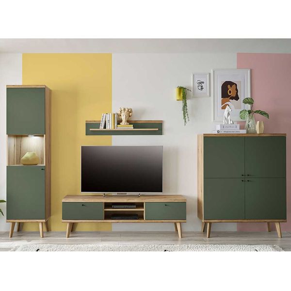 Moderne Wohnwand Skandi in Graugrün Wildeichefarben (vierteilig) günstig online kaufen