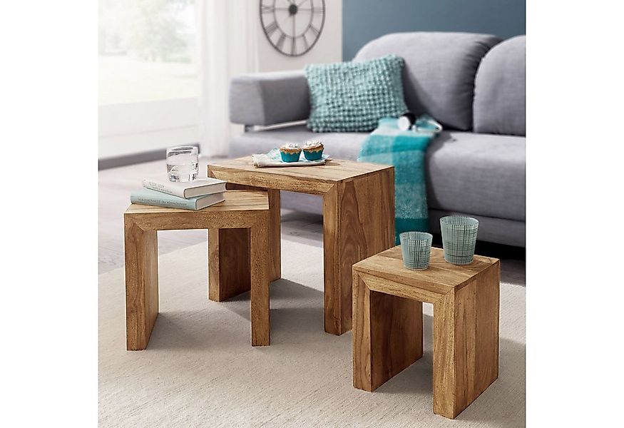 FINEBUY Satztisch SuVa2388_1 3er Set Massivholz Wohnzimmertisch Landhaussti günstig online kaufen