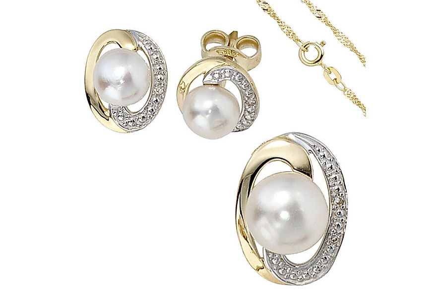 Schmuck Krone Schmuckset Schmuck-Set, 585 Gold bicolor, 3 Perlen 4 Diamante günstig online kaufen