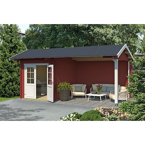 Lasita Holz-Gartenhaus Kenzo Schwedenrot 480 cm x 389,3 cm mit Anbaudach günstig online kaufen