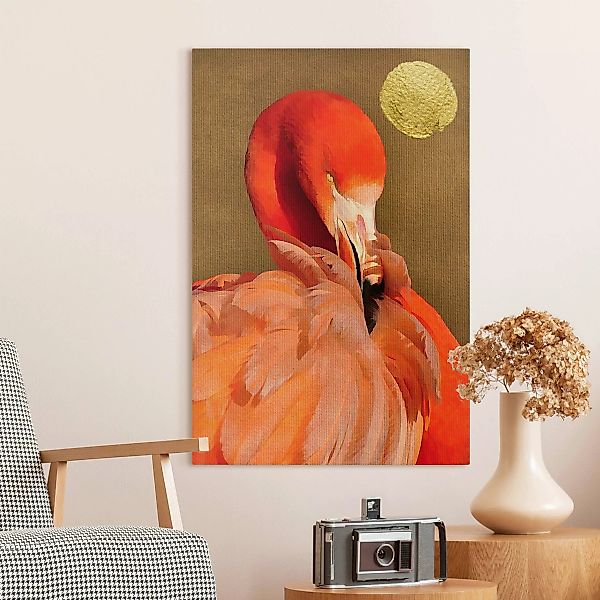 Leinwandbild Goldener Mond mit Flamingo günstig online kaufen