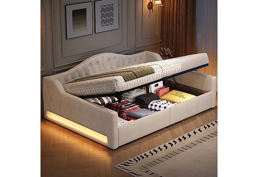 i@home Daybett 140x200 gepolstert mit LED & Stauraum, Beige/Grau, Polsterbe günstig online kaufen