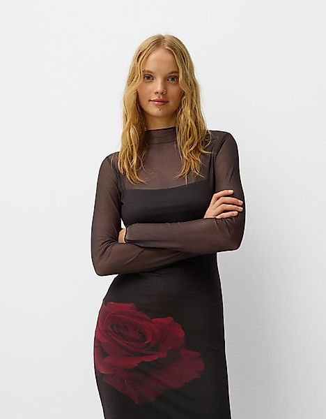 Bershka Maxi-Kleid Aus Tüll Mit Langen Ärmeln Und Print Damen M Schwarz günstig online kaufen