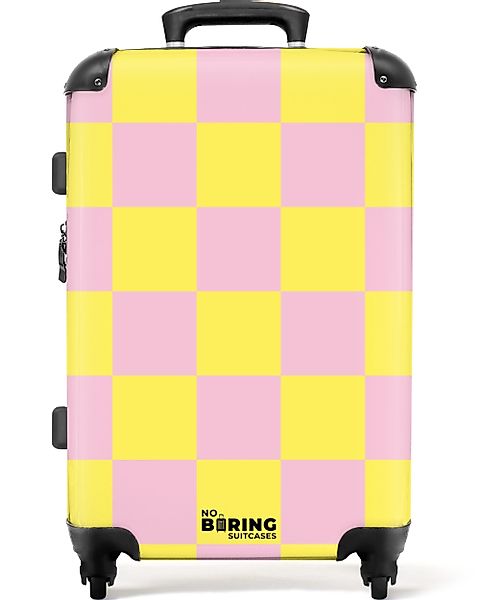NoBoringSuitcases.com© Hartschalen-Trolley Gelb mit rosa Schachbrettmuster günstig online kaufen