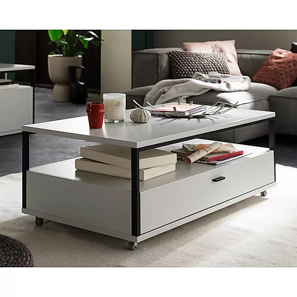 Wohnzimmer Tisch mit Rollen in Weiß 110 cm breit - 42 cm hoch günstig online kaufen