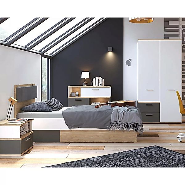 Jugendzimmer Set 4-teilig TOMAR-129 mit Bett 90x200cm in Eiche Nb. mit weiß günstig online kaufen