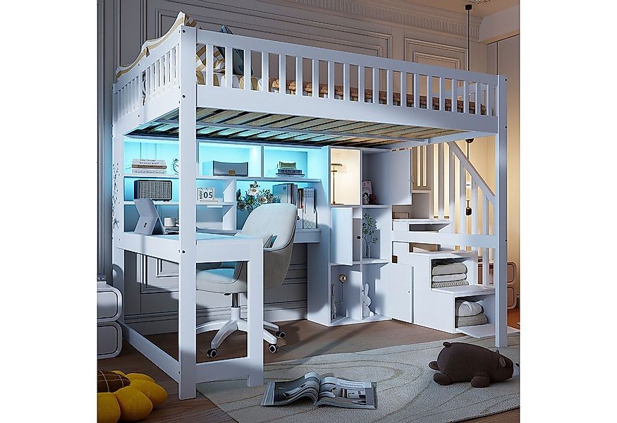 Merax Hochbett 140x200cm mit LED-Beleuchtung (1-St., Jugendbett Einzelbett günstig online kaufen