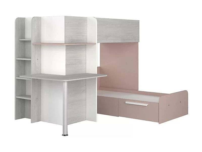 Eck-Hochbett - 2 x 90 x 190 cm -  mit Schreibtisch - Grau, Weiß & Rosa - SA günstig online kaufen
