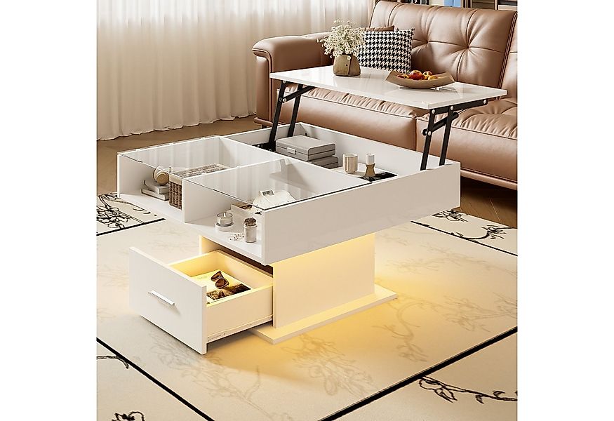 KLAM HOME Couchtisch Multifunktionaler Hochglanz-Lift-Couchtisch mit LED-Be günstig online kaufen