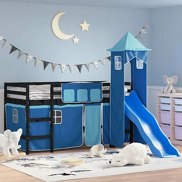 vidaXL Kinderbett Kinderhochbett mit Turm Blau 90x200 cm Massivholz Kiefer günstig online kaufen
