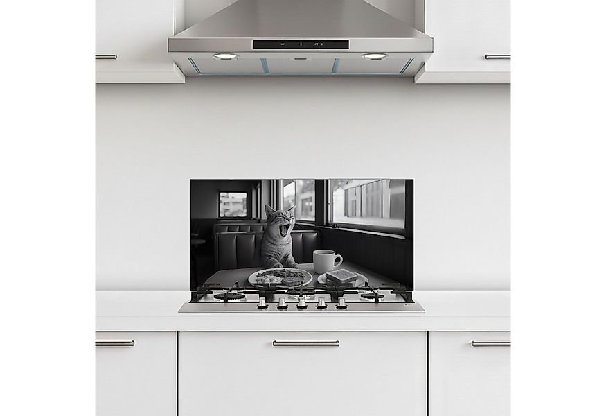 MuchoWow Küchenrückwand selbstklebend Katze - Kaffee - Brot - Schwarz, (1-t günstig online kaufen