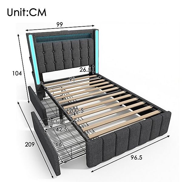 HAUSS SPOLE Polsterbett 90x200cm mit Ladefunktion LED, 2 Schubladen, Grau O günstig online kaufen