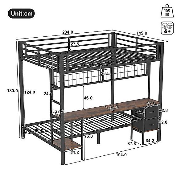 Flieks Etagenbett, Metallbett Kinderbett 90x200cm/140x200cm mit Schreibtisc günstig online kaufen