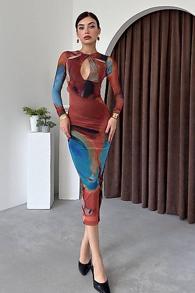 WOMAN VISION Abendkleid Damen Batik Print Tüll Midi Kleid mit Brust Cutout günstig online kaufen