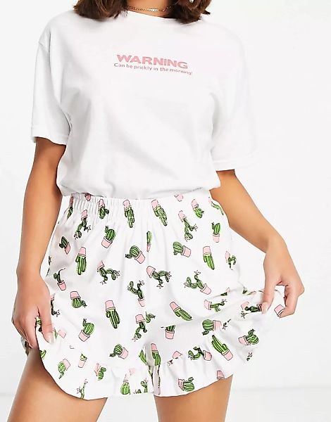 Heartbreak – Pyjama-Set mit Kaktusmuster und „Warning“-Slogan-Weiß günstig online kaufen