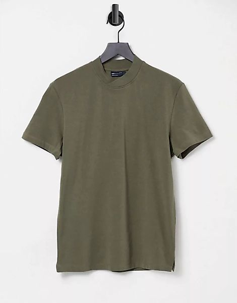 ASOS DESIGN – Pikee-T-Shirt mit Stehkragen in Khaki-Grün günstig online kaufen