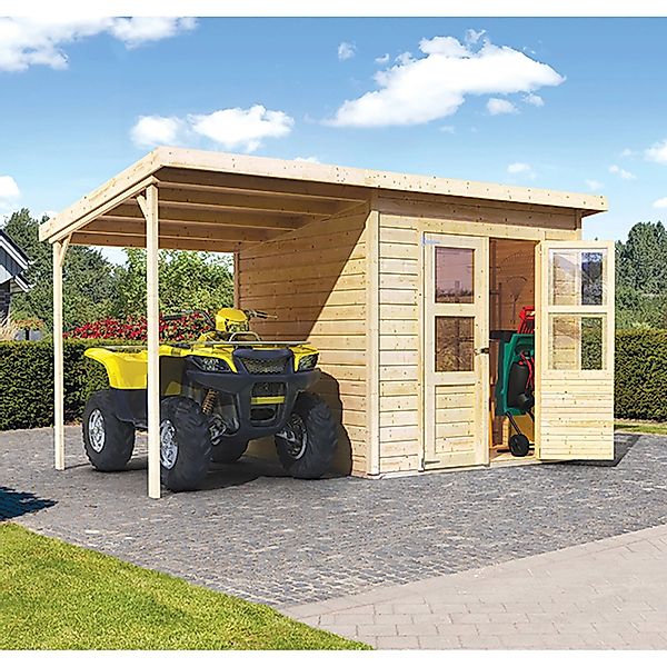 Karibu Holz-Gartenhaus Neuenburg Natur 370 cm x 210 cm davon 162 cm Anbauba günstig online kaufen