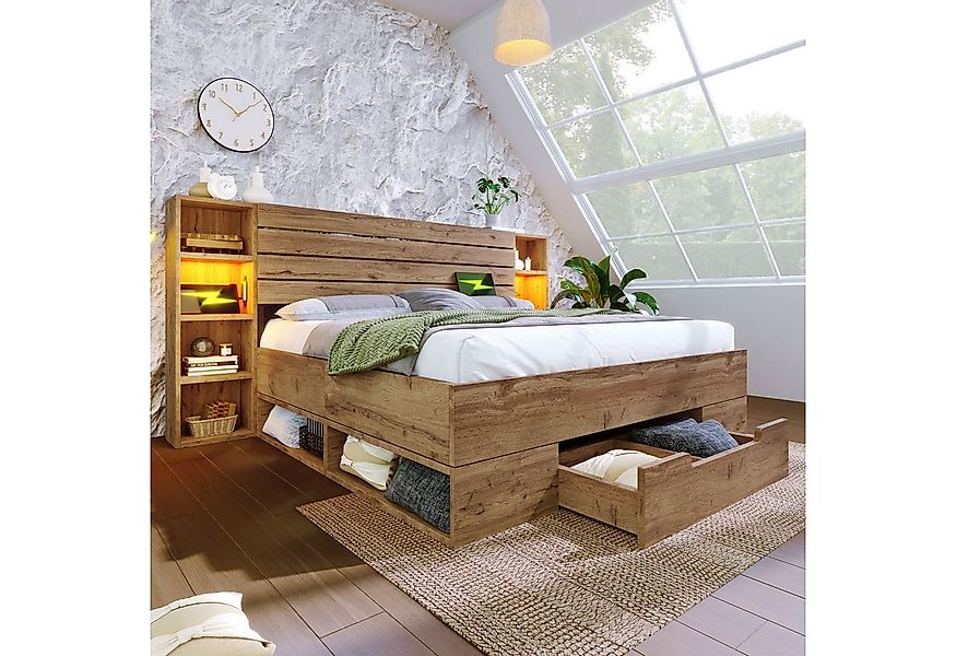 Flieks Holzbett, LED Doppelbett 160×200cm mit Aufladen, Stauraumfächer und günstig online kaufen