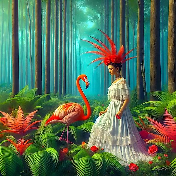 queence Acrylglasbild »Women Art«, Vögel-Fantasy-Frau-Flamingos-Blumen-Blum günstig online kaufen