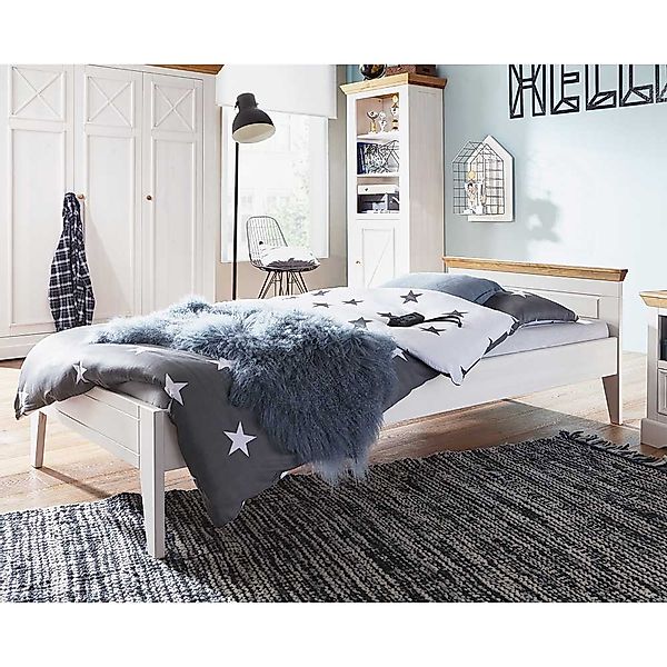 Bettgestell in Weiß und Eichefarben Kiefer Massivholz günstig online kaufen