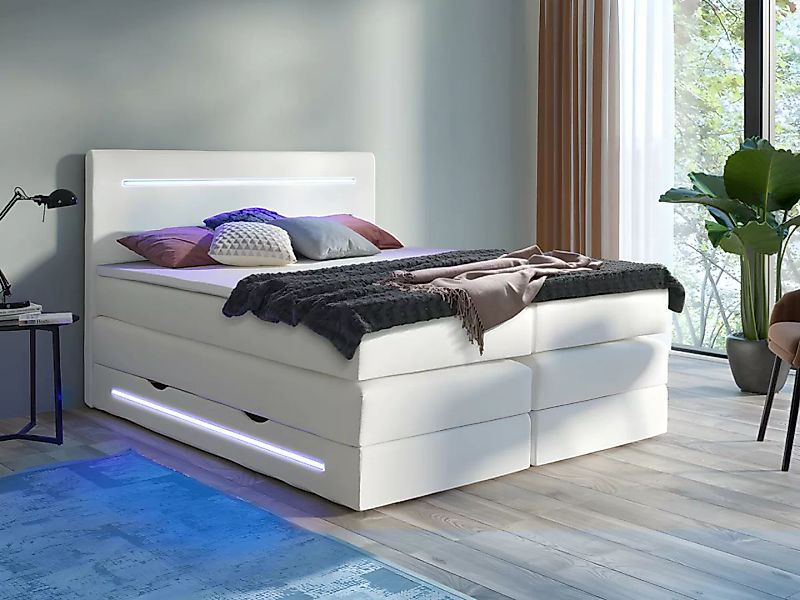 LED-Boxspringbett mit Topper - 160 x 200 cm - Kunstleder - Weiß - KEROS von günstig online kaufen