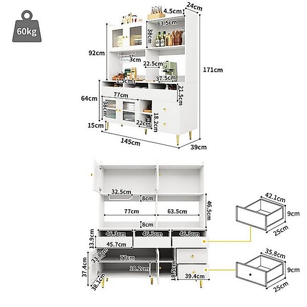 Odikalo Küchenbuffet Buffetschrank Sideboard Weinglasregal Stauraum 145x39x günstig online kaufen