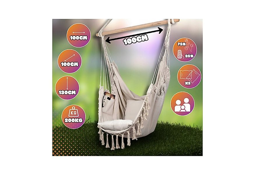 QLS Hängesessel Boho-Stil 130x100 cm, mit 2 Kissen Hängestuhl bis 200 kg be günstig online kaufen