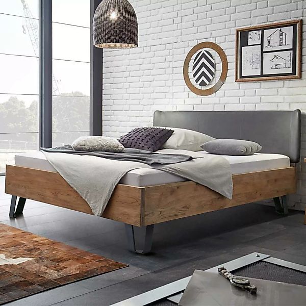 Bett mit Polsterkopfteil in Grau Wildeiche Massivholz günstig online kaufen