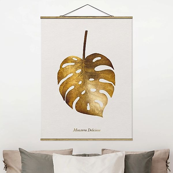 Stoffbild Blumen mit Posterleisten - Hochformat Gold - Monstera günstig online kaufen