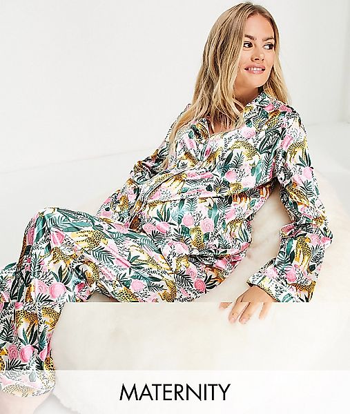 Night Maternity – Pyjama-Set aus Satin mit Rosen- und Leopardenprint-Mehrfa günstig online kaufen