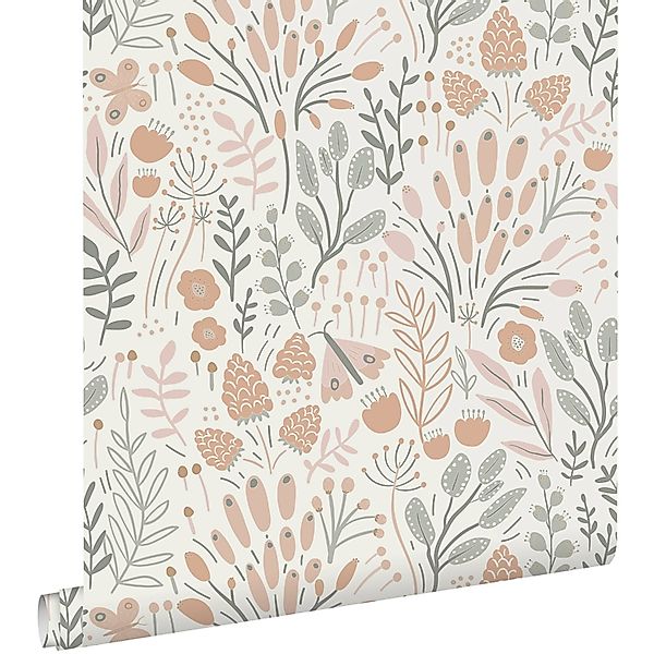 ESTAhome Tapete Blätter und Blumen Hellblau und Terrakotta 50 x 900 cm günstig online kaufen