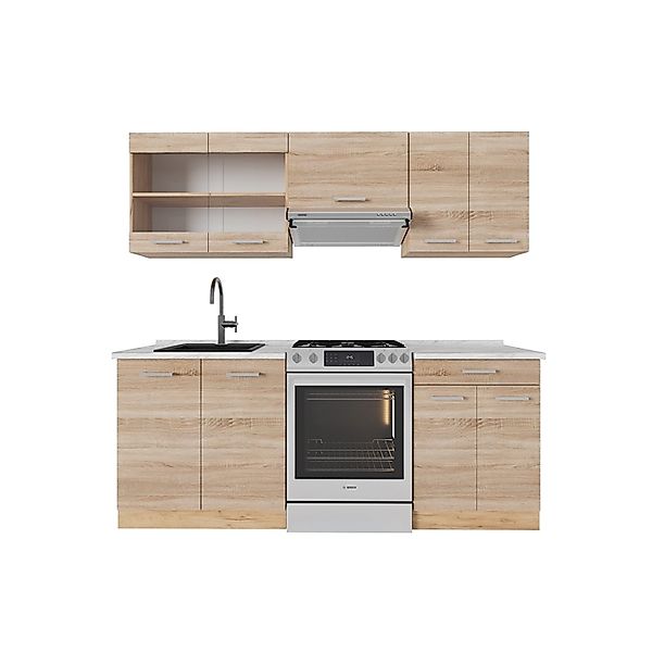 Vicco R-Line Küchenzeile Sonoma/Goldkraft Eiche 200 cm AP Marmor ohne E-Ger günstig online kaufen