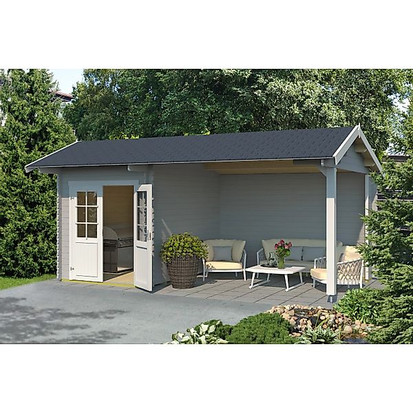 Lasita Holz-Gartenhaus Kenzo Lichtgrau 480 cm x 389,3 cm mit Anbaudach günstig online kaufen