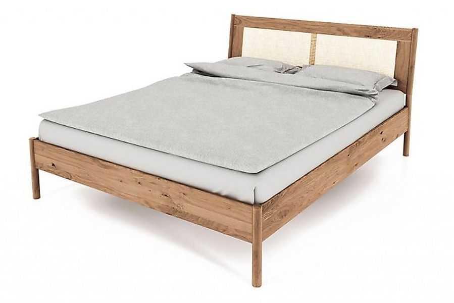 Natur24 Einzelbett Zola Bett Wildeiche massiv bianco 160x200 mit Rattankopf günstig online kaufen