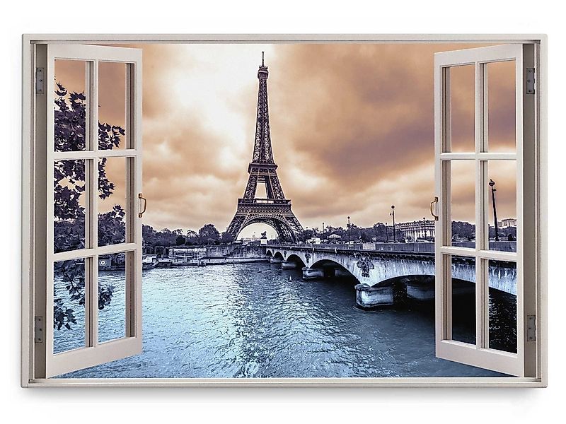 Sinus Art Leinwandbild Wandbild 120x80cm Fensterbild Paris Eiffelturm Kanal günstig online kaufen