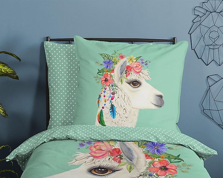 soma Bettwäsche Alpaka Lama Blumen pastell uni grün mint, Bettbezug Kopfkis günstig online kaufen