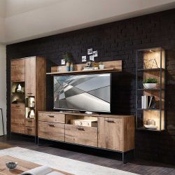 Design Wohnwand in Eiche dunkel und Dunkelgrau 310 cm breit (vierteilig) günstig online kaufen